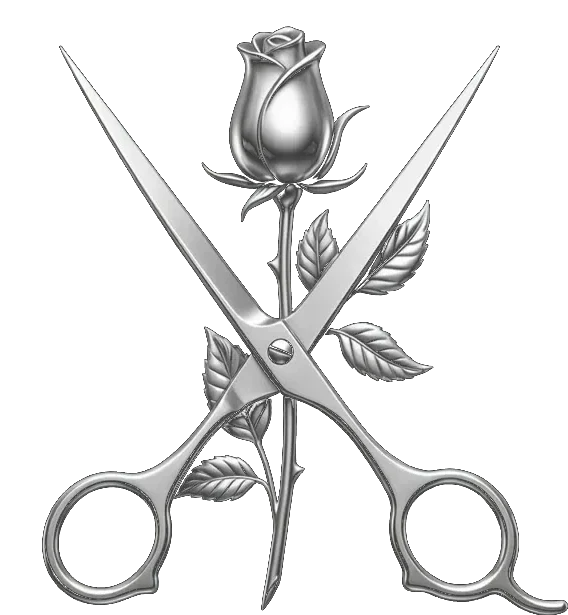 Hair Rich · forbici e rosa, simbolo del barber studio